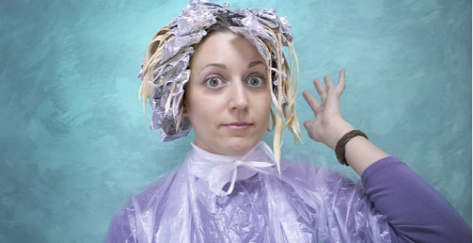 woman with hair covered after applying toner
