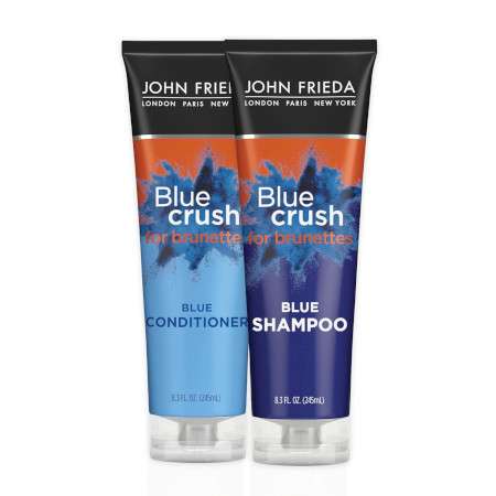 Shampoo y acondicionador azul para matizar mechas amarillas marca John frieda